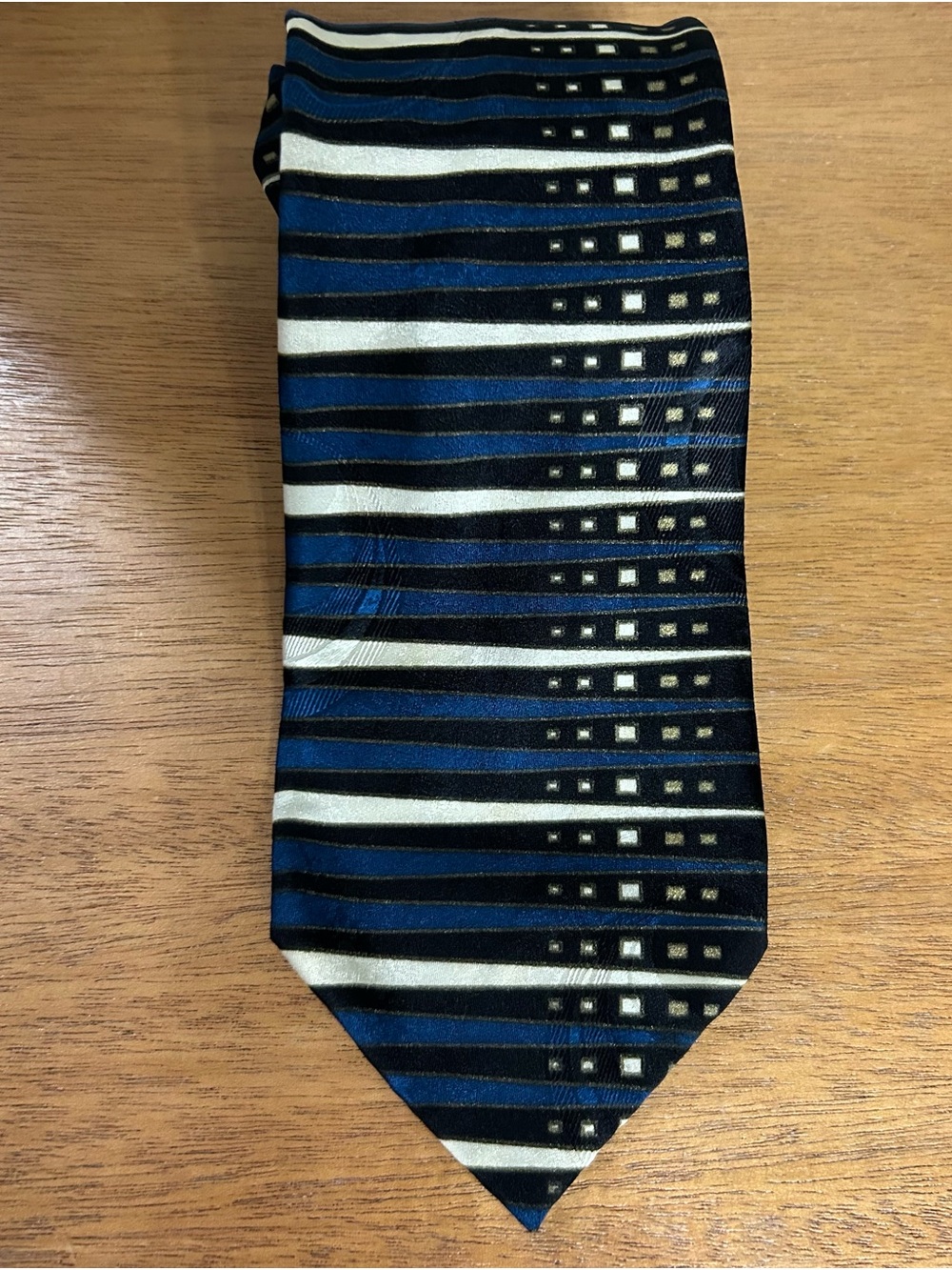 100% Italian Silk, Vintage, Blue, Black and White Striped Tie with embossing